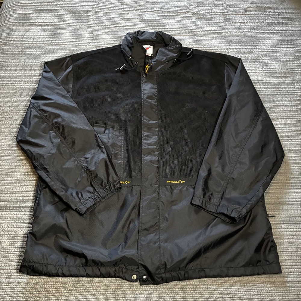 Speedo Vintage Windbreaker Jacket Mens XL Black Mesh Panel Ripstop Full Zip Vtg